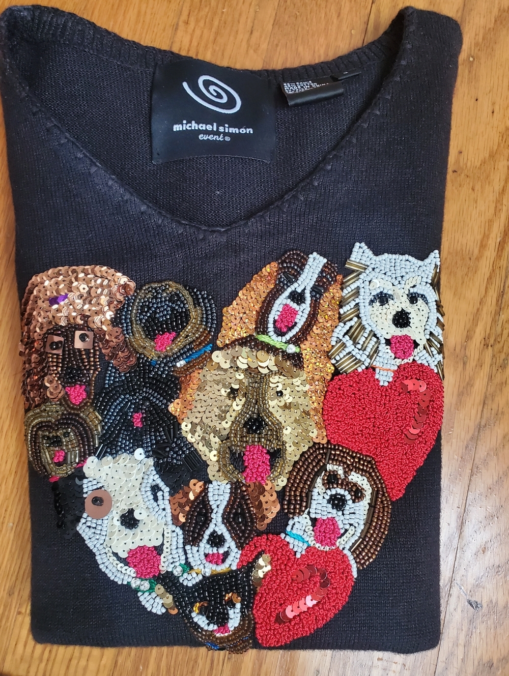 Michael Simon Navy Sweater with Heart Dog Motif Vintage Womens Sz S